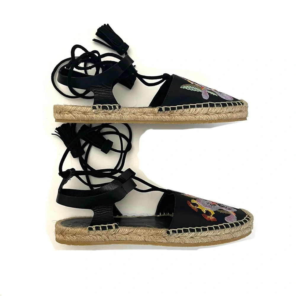 ETRO | Floral Bird Embroidered Black Lace- Up Tassel | Espadrilles